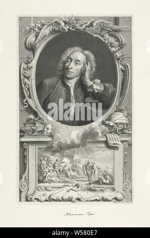 Portrait von Alexander Pope, Porträt des englischen Dichters Alexander Pope. Auf der Basis unter dem Porträt ein Bild von Apollo Musagetes, Apollo unter den neun Musen auf dem Mount Parnassus, als Darstellung der poetischen Inspiration und Kunst Über dieses Bild einer Sonne, die durch die Wolkendecke scheint. Auf der Basis sind Tamburin, Flöte, Krone, Maske und Caduceus. An der Spitze der Portrait zwei Flügel, Taschenlampe und Seilwinde., Alexander Pope, Jacob Houbraken (auf Objekt erwähnt), Amsterdam, 1747, Paper, Pen, H 350 mm x B 217 mm Stockfoto