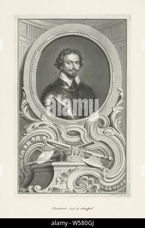 Portrait von Thomas Wentworth, Thomas Wentworth (1. Earl of Strafford), Jacob Houbraken (auf Objekt erwähnt), Amsterdam, 1740, Paper, Pen, H 374 mm x B 238 mm Stockfoto