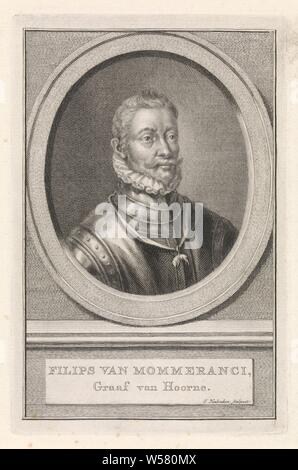 Portrait von Philips van Montmorency Philip von Mommeranci (Titel auf Objekt), Büste auf der rechten Seite Philips van Montmorency, Graf van Hoorne, in ein Oval. Er ist in der Rüstung gekleidet und trägt das Zeichen des Ordens vom Goldenen Vlies um seinen Hals. Das Porträt ruht auf einem Sockel, auf dem sein Name und Titel in zwei Zeilen in Holländisch geschrieben sind., Philips van Montmorency (count Van Horne), Jacob Houbraken (auf Objekt erwähnt), Amsterdam, 1708-1780, Papier, Gravur, H 182 mm x B 120 mm Stockfoto