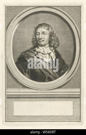 Portrait von Abraham van der Hulst, Büste von Abraham van der Hulst in einem Oval. Das Porträt ruht auf einem Sockel mit einem leeren Feld vor seinem Namen., Abraham van der Hulst, Jakob Houbraken, Amsterdam, 1747 - 1759, Papier, Gravur, h 177 mm × 116 mm. Stockfoto