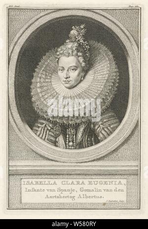 Portrait von Isabella Clara Eugenia, Infant von Spanien Isabella Clara Eugenia (Titel auf Objekt), Büste nach links von Isabella Clara Eugenia, Infant von Spanien, die in einem Oval auf. Das Porträt ruht auf einem Sockel, auf dem Ihr Name und Informationen in den drei Zeilen in Holländisch geschrieben sind. Oben rechts: XI. Artikel und Links oben: Pag. 181., Infante van Spanje Isabella Clara Eugenia, Jacob Houbraken (auf Objekt erwähnt), Amsterdam, 1749 - 1759 und/oder 1790-1796, Papier, Gravur, H 187 mm x B 119 mm Stockfoto