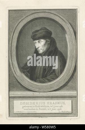 Portrait von Erasmus Desiderius Erasmus Desiderius (Titel auf Objekt), Porträt Links von Desiderius Erasmus in einem Oval. Das Porträt ruht auf einem Sockel mit seinen Namen und Informationen in den drei Zeilen in Niederländisch., Erasmus Desiderius, Jacob Houbraken (auf Objekt erwähnt), Amsterdam, 1749 - 1759, Papier, Gravur, h 177 mm × 116 mm. Stockfoto