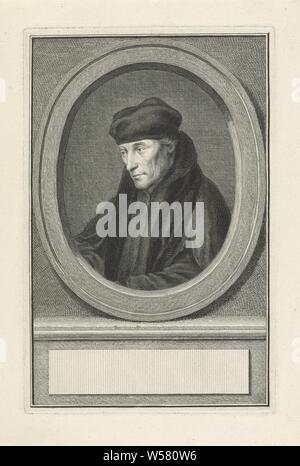 Portrait von Erasmus Desiderius, Portrait Links von Desiderius Erasmus in einem Oval. Das Porträt ruht auf einem Sockel mit einem leeren Feld vor seinem Namen., Jacob Houbraken, Amsterdam, 1747 - 1759, Papier, Gravur, H 177 mm x B 115 mm Stockfoto