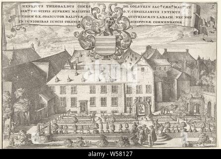 Blick auf Jungen Biesen Schloss Verherrlichung des Deutschen Orden, insbesondere der Alden Biesen Land Komturei (Titel der Serie), Blick auf Jungen Biesen Schloss in Köln. An der Spitze der Show ist eine Banderole mit lateinischen Text und eine Waffe. Dieser Ausdruck ist Teil einer umfangreichen Präsentation, aus 20 separaten Platten, die Geschichte und die Werke des Deutschen Ordens (Mitte) umgeben, die von den Vertretungen der Alden Biesen land Komturei (unten) und der zugehörige Befehl Bestellungen (links und rechts), militärische Aufträge, z.b.: Tempelritter, Ritter von Malta, Teutonic Knights, die Römisch-katholische Kirche Stockfoto