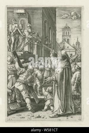Christus zu den Menschen (Ecce Homo) Die Leidenschaft (Titel der Serie), Christus ist es, die Menschen auf einem Podium von Pilatus gezeigt. Pilatus hat die Leute gefragt, ob er Christus oder Barabbas los. Die Menschen fordern, dass Barabbas freigegeben werden soll, was geschieht, in der Mitte, und für den gekreuzigten Christus zu sein. Pilatus seine Hände in Unschuld wäscht, Pilatus Christus zum Menschen, "Ostentatio Christi", "Ecce Homo" (Joh 19:4-6), Pilatus seine Hände in Unschuld waschen (), anonyme, Niederlande, 1597 und/oder 1597-1667, Papier, Gravur, H 200 mm x B 134 mm Stockfoto
