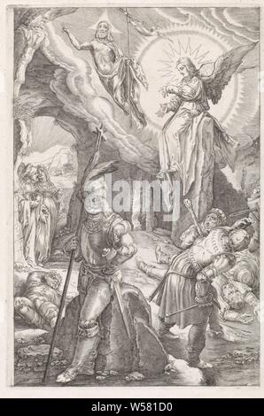 Die Auferstehung Christi, die Leidenschaft (Titel der Serie), Christus floating am Eingang sein Grab mit einem Sieg Banner in seine Hand ist. Die drei Marien stehen am Eingang des Grabes und sehen ein Engel sitzt auf dem Weggedrückt Stein. Ein paar Soldaten sind verängstigt und einige sind auf dem Boden zu schlafen., Christus, in der Regel mit einem Banner, ergibt sich aus dem Grab, oft mit Schlaf- und/oder ängstliche Soldaten kombiniert, Christus, schweben über oder in der Nähe des Grabes, Angel (s) die heiligen Frauen, die Auferstehung Christi, anonym, Niederlande (möglicherweise), 1596-1667, Papier, Gravieren, h200 Stockfoto