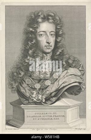 Porträt von William III., Fürst von Oranien-nassau, König von England, Büste von William III., König von England. Er trägt die Order Mark in den Hosenbandorden, Ritterschaft, William III (Prinz von Oranien, König von England, Schottland und Irland), Pieter van Gunst (auf Objekt erwähnt), Amsterdam, 1689 - 1731, Papier, Gravieren, w 238 mm x H 336 mm Stockfoto