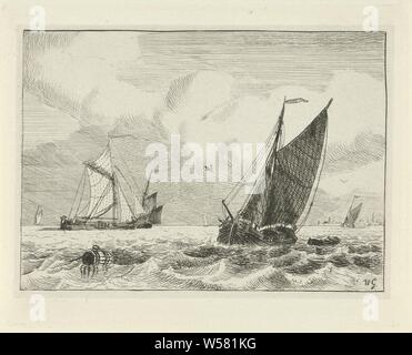 Binnengewässer mit Segelschiffen, eine Tonne im Vordergrund auf der linken Seite, Segeln, Schiff, Segelboot, Willem Gruyter jr. (Auf Objekt erwähnt), Amsterdam, 1846, Papier, Ätzen, H 110 mm x B 149 mm Stockfoto