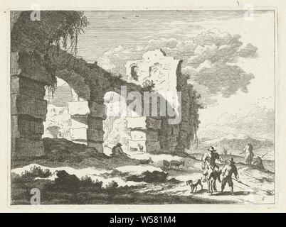 Landschaft mit Ruine und Hirten auf Donkey Landschaften mit Hirten und Vieh (Titel der Serie), Landschaft mit Ruine und ein Hirte sitzend auf einem Hügel. Vorne rechts ein Hirte auf einen Esel, einen Hund und einen Hirten flankiert. 6. Drucken Sie aus einer Serie von sechs mit Landschaften mit Hirten und Vieh, Landschaften (Landschaft mit Figuren, staffage), Landschaft mit Ruinen, Johannes Gronsveld, Amsterdam, 1679 - 1728, Papier, Gravur, H 147 mm x B 200 mm Stockfoto