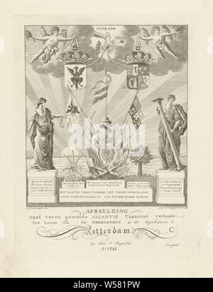 Allegorie der Dreibund zwischen der Republik der Sieben Vereinigten Provinzen, Preußen und Großbritannien, 1788 Darstellung der genannten Aliance chassinet zeigt (Titel auf Objekt), Allegorie des Triple Alliance von 1788 in Rebus bilden. In der Mitte das Wappen der Republik der Sieben Vereinigten Provinzen. Über die Wappen von Preußen (links) und dem Vereinigten Königreich (rechts), gehalten von Engeln und von der Hand Gottes. Zusätzlich zu den Wappen der drei Schwerter, die zusammen gebunden sind und die Personifikation der Gerechtigkeit. Auf der rechten Seite ein Baum und Stockfoto