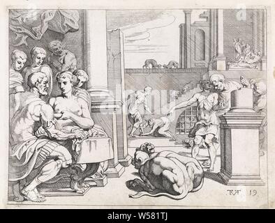 Odysseus im Palast von Circe die Werke von Odysseus (Titel der Serie), Odysseus im Palast von Circe. Auf der rechten Seite, Mercury Odysseus ein Kraut, fungiert als Gegenmittel zu den Trank der Circe. Odysseus es isst und geht zu Circe. Es die Männer des Odysseus in Tiere und Schweine, da sie das Trinken aus dem Zaubertrank. Auf der linken Seite im Vordergrund, Circe bietet den Trank zu Odysseus. Das Getränk hat keinen Einfluss auf ihn, und er bittet sie, seine Männer ihre menschliche Gestalt zurück zu geben. Circe ist diesem Antrag, sondern Odysseus mit ihr ins Bett zu gehen. Dies geschieht in der oberen Stockfoto