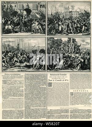 Mord an der De Witt Brüder, 1672 Bild und wahre Geschichte Hoedanigh de Heeren, Herr Johan de Witt, Raadt-Pensionaris van Hollant und West-Vrieslant, sowie sein Bruder, Herr Cornelis de Wit, gealtert Burgemeester der Stadt Dordrecht, und Ruwart van den Lande van Putten, getötet wurden, in Den Haag, 20. August 1672 (Titel auf Objekt), Blatt mit vier Darstellungen und Beschreibungen der Ermordung der De Witt Brüder in Den Haag am 20. August 1672. Über die Erfassung und das Morden, unter dem Körper werden auf dem Schafott gezerrt und verstümmelt. Zu den Performances, Beschreibungen der Veranstaltungen im Stockfoto