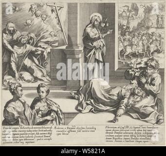 Catharina erhält die Wundmale Christi / Catharina rettet eine besessene Person von ihren Dämonen/Papst Gregor XI. zurück nach Italien Scè nes aus dem Leben und Wunder der Heiligen Katharina von Siena (Titel der Serie) Vita mors gesta, et miracula quaedam Selecta B. CATHERINAE SENENSIS (...) (Titel der Serie), von links nach rechts: Anna erliegt, in die Arme der beiden Schwestern nach Erhalt der Stigmata von Christus. Leitungen vom Leib Christi auf ein Kruzifix zu den Wunden von Catherine., eine besessene Frau ist sich auf den Boden. Ihr Mann versucht, sie unter Kontrolle zu halten. Catharina erlöst Stockfoto