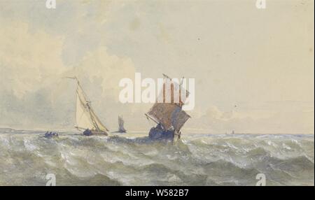 Blick auf hoher See, auf der sich drei Segelschiffe, Meer (Marine), Segeln, Schiff, Segelboot, Henri Le Hon, 1852, Papier, Aquarell (Lack), Bürste, H 163 mm x B 273 mm Stockfoto