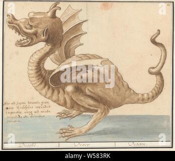 Drachen, Dracke/Draco/Dragon (Titel auf Objekt), Dragon. Auf der linken Seite eine Inschrift in Latein. Nummerierte rechts oben: 21. Teil des siebten Album mit Zeichnungen von Reptilien, Amphibien und Naturgeschichte Ensembles. Der siebte von zwölf Alben mit Aquarellen von Tieren, Vögeln und Pflanzen, um 1600 bekannt, von Kaiser Rudolf II. in Auftrag gegeben Mit Erklärung in Deutsch, Latein und Französisch, Drache, Anselmus Boetius De Boodt, Praag, 1596-1610, Papier, Bleistift, Kreide, Aquarell (Lack), Tinte, Kugelschreiber, H 239 mm x B 281 mm Stockfoto