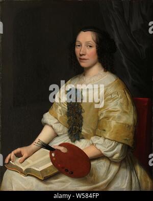 Maria van Oosterwijck (1630-93). Blume Maler, Portrait von Maria van Oosterwijck (1630-93), Blume Maler. Knee Pad auf einem Stuhl sitzend mit einem offenen Buch auf dem Schoß, Palette und Pinsel in der linken Hand., Wallerant Vaillant, 1671, Leinwand, Ölfarbe (Lack), h 96 cm x W 78 cm Stockfoto