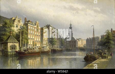 Die Singel, Amsterdam, in Richtung der Minze, Blick auf den Singel in Amsterdam suchen, in die Richtung des Munt und den Münzturm. Es gibt mehrere Schiffe auf den Kais der Kanal, auf der rechten ein Mann mit einer Karre., Eduard Alexander Hilverdink, 1884 - 1886, Leinwand, Ölfarbe (Lack), h 47 cm x W 76 cm Stockfoto