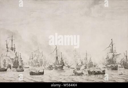 Die Schlacht in den Tiefen der Schlacht der Downs gegen die spanische Armada, 21. Oktober 1639, die Seeschlacht gegen die spanische Armada an Duins, 21. Oktober 1639. Niederländische und Spanische Kriegsschiffe, mit einigen Brennern im Vordergrund und Schaluppen mit Matrosen, Schlacht (Segelschiffe), Segelschiff, Segelboot, Schlacht bei den Downs, Duins, Cornelis Tromp, Willem van de Velde (I), 1659, Leinwand, Tinte, h 124 cm x W 190 cm Stockfoto