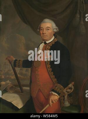 Portrait von Johan Arnold Zoutman, Johan Arnold Zoutman (1724-93), Vice Admiral, Admiral. Knie mit ein Admiral Personal (oder Fernglas) in der rechten Hand, die ehrenamtlich in der linken Hand. Die große goldene Medaille auf eine goldene Kette um den Hals. Auf der linken Seite der Tabelle sind Seekarten und einem Kompass. Im Hintergrund eine Seeschlacht, historische Personen, Leitung von allgemeinen, Schlacht (naval Force), Johan Arnold Zoutman, Cornelis van Cuylenburgh (II), 1801, Leinwand, Ölfarbe (Lack), h 113 cm x W 86 cm Stockfoto