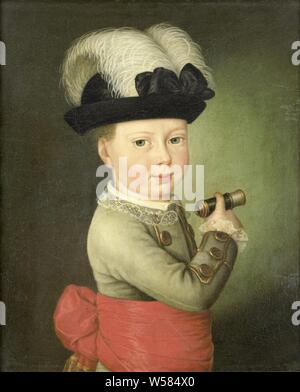 William George Friedrich, Prinz von Oranien-nassau, als Kind, Portrait von Willem George Frederik (1774-99), als Kind. Die Hälfte auf der rechten Seite, in der rechten Hand ein kleines Fernglas, auf dem Kopf einen Hut mit einer weißen Fahne., anonym, Nördliche Niederlande, C. 1775, Leinwand, Ölfarbe (Lack), h 46 cm x W 39 cm d 7,5 cm Stockfoto