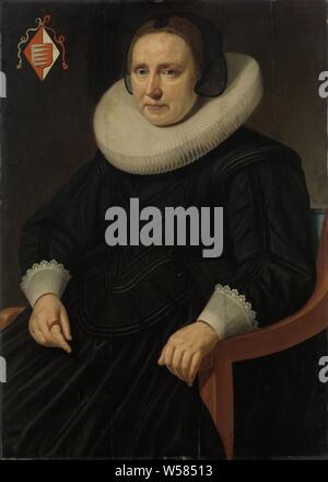 Portrait von Sara Sweerts de Weert, der zweiten Frau von Antonius Antonides van der Linden, zweite Ehefrau von Antonius Antonides van der Linden. In einem Stuhl sitzend, links oben das Familienwappen., Hendrik Meerman, 1636, Panel, Ölfarbe (Lack), h 88 cm x W 63 cm Stockfoto