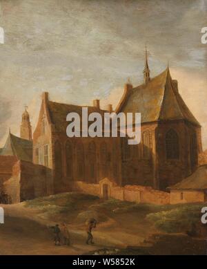 Kloster der Heiligen Agnes in Utrecht, Ansicht der Agnietenklooster in Utrecht, außerhalb der Stadtmauern. Im Vordergrund ein paar Zahlen., Pieter de Ruelles, 1650-1658, Panel, Ölfarbe (Lack), h 60 cm x W 49 cm Stockfoto