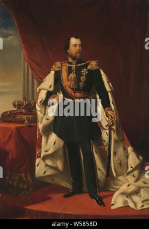 Porträt von William III., König der Niederlande, Portrait von Willem III (1817-90), König der Niederlande. Stehen in voller Länge in Uniform mit Hermelin Mantel. Die rechte Hand an der Seite, die linke Hand am Schwert. Auf der linken Seite auf einem Kissen auf dem Tisch sind, Krone und Zepter, William III (König der Niederlande), Nicolaas Pieneman, 1856, Leinwand, Ölfarbe (Lack), h 93 cm x W 62,5 cm, d 10,5 cm Stockfoto