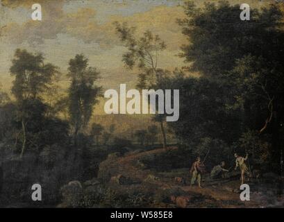 Landschaft mit Diana Jagd, Landschaft mit der Göttin Diana auf der Jagd mit zwei Nymphen und Jagdhunde., Abraham Genoels, 1670-1723, Leinwand, Ölfarbe (Lack), h 24 cm x W 32 cm d 4 cm Stockfoto