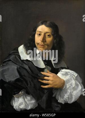 Self-portrait, Selbstportrait des Malers Karel Dujardin. Halbe Länge, linke Hand auf der Brust, mit großen weißen Puffärmeln, Porträt, Selbstportrait oder Maler, Karel du Jardin, 1662, kupfer (Metall), Ölfarbe (Lack), h 28,5 cm x W 22 cm Stockfoto