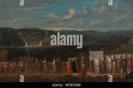 Hochzeit Prozession auf dem Bosporus türkische Hochzeit, entlang dem asiatischen Ufer des Bosporus, einer bunten Prozession begleitet eine Braut zu ihrem Bräutigam Haus. Die Braut reitet ein Pferd unter einem Baldachin, der von vier Männern getragen wird. Imam Spaziergänge direkt vor der Hütte, die die Hochzeit zu segnen. Man konnte hören, wie die Prozession von weit weg kommen. Die pyramidenförmigen Turm, der goldene Zweige in der Form der Ohren von Mais hergestellt ist, ist ein Symbol der Fruchtbarkeit. Auf der gegenüberliegenden Seite ist die Rumeli Hisari burg, (Zivil-) Trauungen, Türkei, Jean Baptiste Vanmour, C. 1720 - C. 1737, Leinwand, Öl Stockfoto