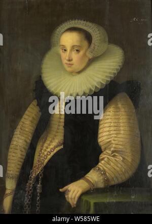 Hortensia del Prado (d 1627), Ehefrau oder Jean Fourmenois, Portrait von Hortensia del Prado, Ehefrau von Jean Fourmenois. Ständigen halber Länge, mit dem linken Arm ruht auf einem Tisch. Auf der Rückseite eine Inschrift mit dem Namen und der Nummer 35. Hortensia del Prado, Gortzius Geldorp, 1596, Panel, Ölfarbe (Lack), h 96 cm x W 71 cm d 9 cm Stockfoto