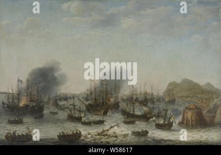 Seeschlacht in der Nähe von Gibraltar, 25. April 1607 (Sieg über die Spanier in der Nähe von Gibraltar durch eine Flotte unter dem Kommando von Admiral Jacob van Heemskerck), Seeschlacht mit dem Sieg über die Spanier bei Gibraltar durch eine Flotte unter dem Kommando von Jacob van Heemskerck Heemskerck, 25. April 1607. Das Meer vor der Küste ist voll von kriegsschiffe feuern sich gegenseitig an, einige Schiffe sind auf Feuer. Im Vordergrund die Besatzung eines versunkenen Schiff versucht sich zu retten in schaluppen, Schlacht (Segeln-Schiffen), Straße von Gibraltar, Admiralität von Amsterdam, Jacob van Heemskerck, Adam Willaerts (vom Künstler signiert), 1639, Öl auf Leinwand, Farbe (Farbe Stockfoto