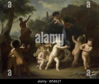 Putti Spielen, in einer Landschaft, die eine Gruppe von Putti blinder Mann spielt. Auf der linken Seite eine Statue auf einem Sockel aus eine sitzende Frau, im Hintergrund eine bergige Landschaft mit einem Obelisk., Hendrik van Limborch, 1700 - 1720, Panel, Ölfarbe (Lack), h 27 cm x W 34 cm d 5,2 cm Stockfoto