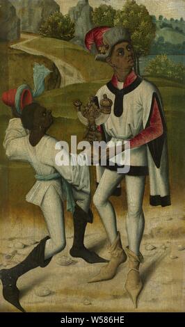 König Balthasar, einer der Heiligen Drei Könige und ein Knecht, Fragment von einer Anbetung der Könige, König Balthasar mit einem Diener. In die Hände sind Geschenke für das Christus Kind., anonyme, Nijmegen, C. 1480 - C. 1490, Panel, Ölfarbe (Lack), Support: h 39,9 cm x W 24,1 cm t 0,8 cm d 6,7 cm Stockfoto