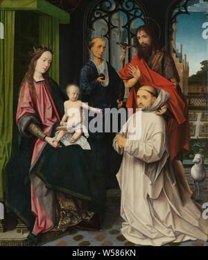 Jungfrau und Kind inthronisiert, mit Heiligen Hieronymus und Johannes der Täufer und ein kartäuser Mönch Throning Madonna mit Heiligen Hieronymus und Johannes der Täufer und eine Absenkvorrichtung Carthusian Monk, Throning Madonna mit Heiligen Hieronymus und Johannes der Täufer und eine Absenkvorrichtung Carthusian Monk. Auf der linken Seite, Maria sitzt auf einem Thron mit dem Christuskind auf seinem Schoß. Das Kind hat ein offenes Buch auf ihren Schoß und einen Rosenkranz in der Hand. Darüber hinaus ist der Heilige Hieronymus und Johannes der Täufer, kniend vor einem kartäuser Mönch. Das Lamm Gottes auf der rechten Seite, um einen Blick auf einen Garten, Maria sitzen oder auf dem Thron, der Christus - Kind in Stockfoto