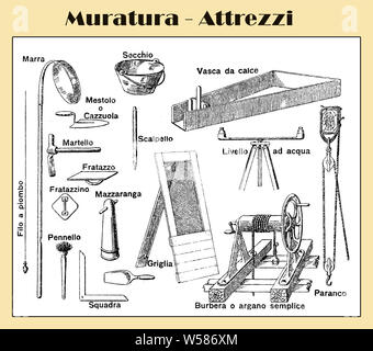 Tabelle illustriert von Mauerwerk Werkzeuge mit italienischen Beschreibungen von einem Lexikon early'900 Stockfoto