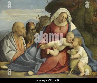 Madonna mit Kind und den Säugling Johannes dem Täufer und der heiligen Peter und Anthony, in einer Landschaft, Maria sitzt auf dem Boden mit dem Christuskind auf seinem Schoß. Das Kind kommt zu wenig Johannes der Täufer, der auf ein Schaf ist. Auf der linken Seite die Heiligen Petrus und Antonius der Einsiedler, Heilige Familie mit Johannes dem Täufer (als Kind), der Eremit Antonius Abt (Antonius Abbas) oder Ägypten, auch genannt der Große, mögliche Attribute: Bell, Buch, T-förmig, Personal, Flammen, Schwein, anonyme, Venedig, C. 1515, Panel, Ölfarbe (Lack), h 69 cm x W 85,5 cm x T 0,9 cm Stockfoto