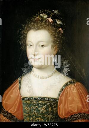 Porträt einer Frau (zuvor als Königin Elizabeth I), Porträt einer Frau. Früher als Elisabeth I (1533-1603), Königin von England identifiziert. Büste, leicht nach links, mit Blumen im Haar und eine Perlenkette um den Hals., anonym, Fontainebleau, 1550-1574, Panel, Ölfarbe (Lack), h 43,7 cm x W 32,2 cm x T 0,8 cm, d 5,0 cm Stockfoto