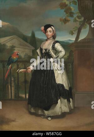 Portrait von Isabel y Parreño Arce, Marquesa de Llano, Portrait von Doña Isabel Parreño Arce Ruiz de Alarcón y Valdes, Marquesa de Llano. Ständigen, volle Länge, auf einem Balkon. In der rechten Hand eine Maske, auf der linken Seite an der Zaun ist ein Papagei. In der Ferne eine Gartenlandschaft mit einem antiken Tempel, Maske, Ziervögel: Papagei, historische Personen - BB-Frau, Isabel y Parreño Arce, Anton Raphael Mengs, 1771-1772, Leinwand, Ölfarbe (Lack), h 135 cm x B 98,5 cm H 161,3 cm x h 150 cm × w 113,7 cm x T 14 cm x t 8 cm Stockfoto