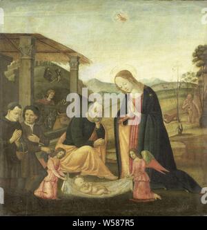 Die Anbetung des Christus Kind, Die Anbetung des Kindes. Vor dem Stall, Maria und zwei Hirten Christus niederknien vor dem Kind, das in einem Tuch von zwei Engeln getragen wird. Joseph schaut Düster mit dem Kopf auf die linke Hand. Im Hintergrund Landschaft auf der linken Seite die Verkündigung an die Hirten, auf der rechten Seite der heilige Hieronymus mit einem Löwen, die Anbetung des Christus - Kind durch die Hirten, Maria und Josef, Jacopo del Sellaio (Kreis), 1485-1520, Panel, Ölfarbe (Lack), h 52,5 cm x W 50,5 cm, d 5,5 cm Stockfoto