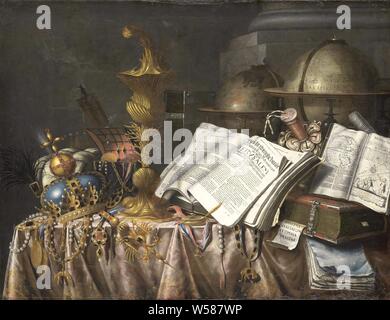 Vanitas Stillleben, Vanitas still life. Auf einem Tisch neben einer Spalte sind verschiedene Bücher, Berichte und wissenschaftliche Arbeiten, einige öffnen, ein Globus und ein Himmelsglobus, ein Geld beutel, eine Krone, dekorative Zeichen, eine Uhr und eine Schale, Stillleben verwandter Objekte, Globus, Drucksachen, Armillarsphäre, Skelett Himmelsglobus, Krone (Symbol der Souveränität), Edwaert Collier (auf Objekt erwähnt), 1662, Leinwand, Ölfarbe (Lack), H 102,5 cm × w 132 cm d 7,5 cm Stockfoto