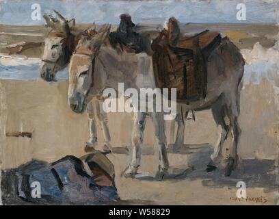 Zwei Eseln, zwei Esel gesattelt, am Strand. Im Vordergrund ein schlafenden Jungen Linken, Esel - Reiten (am Strand), Isaac Israels (auf Objekt erwähnt), 1897-1901, Karton, Ölfarbe (Lack), h 46 cm x W 61 cm d 9,4 cm Stockfoto