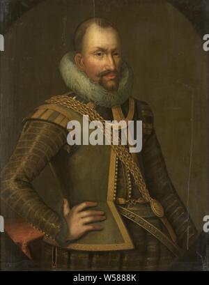 Portrait von Gerard Reynst, Generalgouverneur von Niederländisch-ostindien, Portrait von Gerard Reynst (gest. 1615). Allgemeine Gouverneur (1614-15). Stehend, auf halbem Weg auf der rechten Seite, die rechte Hand zur Seite. Um die Schulter eine goldene Kette mit einem Portrait-medaille von Prinz Maurits, historische Personen, kolonialer Gouverneur, Gerrit Reynst, Dutch East India Company, anonym, Batavia, 1614-1675, Panel, Ölfarbe (Lack), h 98,5 cm x W 78 cm d 6,8 cm Stockfoto