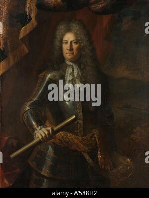 Portrait von Generalleutnant Godard van Reede, Herr von Amerongen, Portrait von Godard van Reede (1644-1703), Herr von Amerongen, Generalleutnant. Hip-Stück, stehend in der Rüstung, commado Personal in der rechten Hand, die linke Hand auf den Griff seines Schwertes. Rechts im Hintergrund der Schlacht am Boyne (1690), historische Personen, Commander-in-chief, General, Marschall, Rüstung, Leitung von allgemeinen, Godard van Reede, Herr van Amrongen, Adriaen Van der Werff, 1690-1703, die Leinwand, das Öl Paint (Lack), h 130cm x w 101cm d11cm Stockfoto