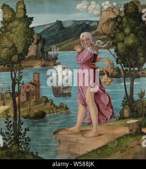 Frau im Water's Edge, Frau auf eine Projektion an den Rand des Wassers stehen. Eine Frau steht mit gefalteten Händen auf der Bank eines Wasser, ein Schiff kommt Segeln in der Ferne. Auf der linken Seite ein Haus auf einer Insel. Früher als Vertretung der Ariadne auf Naxos interpretiert, stehende Figur - AA - weibliche menschliche Figur, felsige Küste, segeln, Schiff, Segelboot, Girolamo dai Libri (zugeschrieben), 1510-1530, Panel, Ölfarbe (Lack), H 130,5 cm × w 119 cm d7 cm Stockfoto