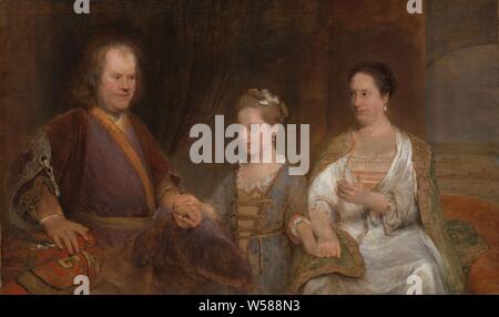 Hermanus BOERHAAVE (1668-1738), Professor für Medizin an der Universität Leiden, mit seiner Ehefrau Maria Drolenvaux (1686-1746) und deren Tochter Johanna Maria (1712-91), Family Portrait von Hermanus Boerhaave Professor für Medizin in Leiden, mit seiner Ehefrau Maria Drolenvaux und deren Tochter Johanna Maria, der späteren Gräfin de Thoms. Die Personen sitzen und halten sich an den Händen dargestellt, in Fantasy Kleidung, greifen jemanden an der Hand oder des Handgelenks, gefalteten Händen, Familie, Gruppe, vor allem Eltern mit ihrem Kind(ern), Hermanus Boerhaave, Maria Drolenvaux, Johanna Maria Boerhaave, Aert de Gelder, 1720 Stockfoto