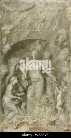 Allegorie der Liebe, Allegorie der Liebe. Die weibliche Verkörperung verteilt das Geld für die Bedürftigen, rechts ein Bettler. Im Hintergrund ein Elefant und ein Adler. Aus einer Serie von fünf Allegorien, in grisaille zwischen 1675 und 1683 für die 'Messina' Haus von Philips de Flines auf der Herengracht, Großzügigkeit, Liberalität gemalt, 'Generosità', 'Liberalità' (Ripa) (abstrakte Konzept von weiblichen Abbildung dargestellt), Philips de Flines, Gerard de Lairesse, Nördliche Niederlande, 1675 - 1683, Leinwand, Ölfarbe (Lack), h 288 cm x B 160 cm x T 4,4 cm Stockfoto