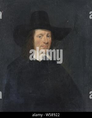 Porträt eines Mannes, Porträt eines Mannes. Büste auf der rechten Seite mit einem großen schwarzen Hut, im Stil von Gerard Ter Borch gemalt, anonyme historische Person dargestellt, Han van Meegeren, Niederlande, 1930 - 1940, Leinwand, Ölfarbe (Lack), h 28 cm x W 23 cm d 3 cm Stockfoto