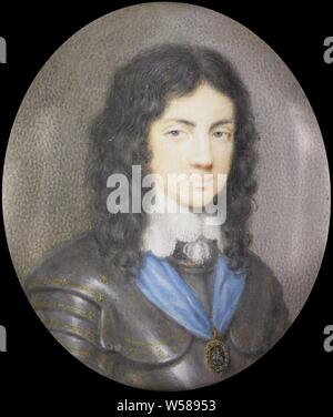 Charles II (1630-85), der spätere König von England, als junger Mann, Porträt von Charles II (1630-85), als ein junger Mann. Büste, auf der rechten Seite, in der Rüstung. Während des Exils von Charles in Frankreich um 1650. Teil der Sammlung von Porträtminiaturen, Charles II (König von England), anonyme, Frankreich, 1645 - 1655, Karton, Metall, Glas, h 5,1 cm x B 4,3 cm h 6,2 cm x B 4,5 cm x T 1,1 cm Stockfoto