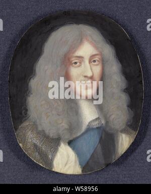 James II. (1633-1701), den späteren König von England, als ein junger Mann, Portrait von James II. (1633-1701), als ein junger Mann. Büste, auf der rechten Seite. Teil der Sammlung von Porträtminiaturen, James II (König von England und Schottland), Louis du Guernier (I), 1656, Karton, Metall, Glas, Aquarell (Lack), h 8,3 cm x B 5,9 cm x T 0,5 cm Stockfoto